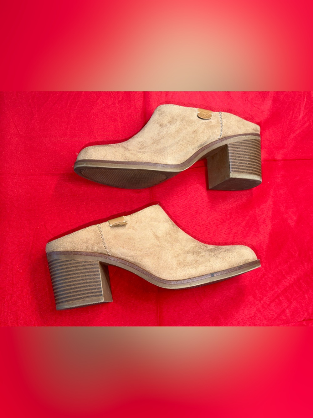 Rock & Candy Tan Suede Heeled Mules with Stacked Block Heel